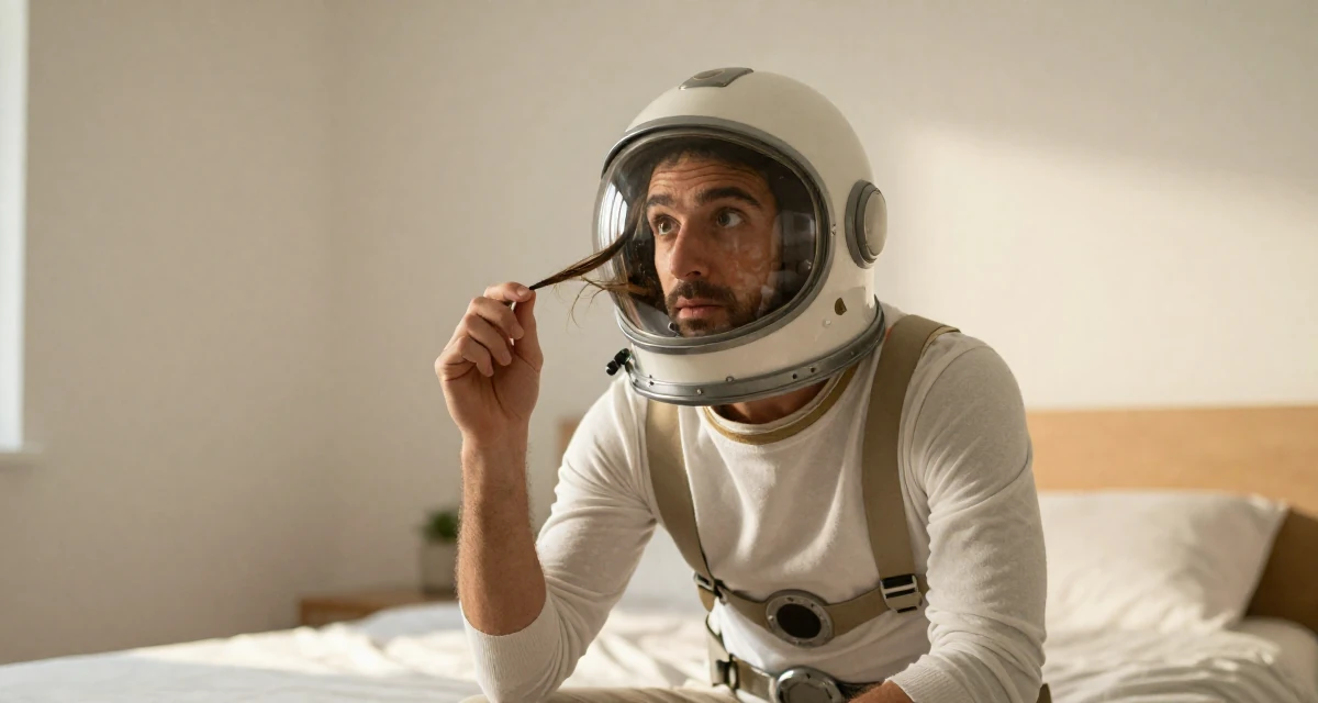 A curious and focused male From Italy, studied graphic design in their 31, investing in personal health and fitness, wearing a retro sci-fi space girl outfit with a bubble helmet, twirling a lock of hair in a minimalist bedroom.