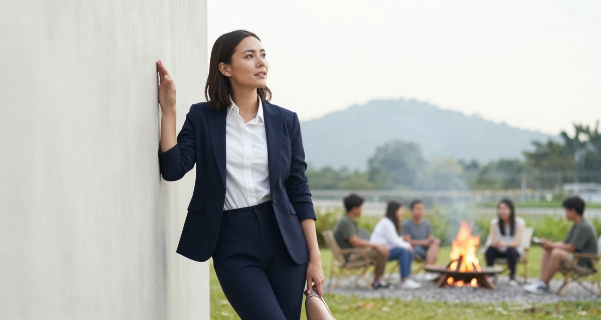 A longing Female From Singapore, majored in digital content strategy and visual aesthetics in their 40, sharing the joy of adoption and family, wearing a sharp business casual attire, tapping a foot rhythmically in a campfire circle.