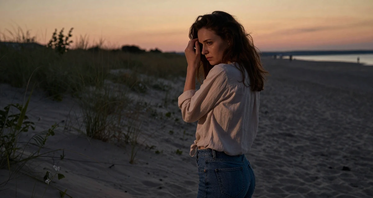 A melancholic yet beautiful Female From Poland, majored in international relations in their 35, teaching financial literacy to other women, wearing a loose fitting blouse tucked into tight jeans, pushing hair from face in a sunset beach.