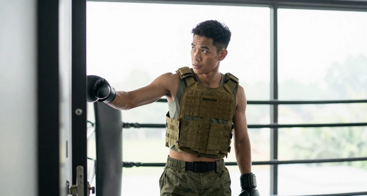A hypnotic male From Thailand, studied hospitality management in their 21, full of rebellious spirit and curiosity, wearing a tactical military gear with a cropped vest and cargo pants, opening a door in a boxing ring.
