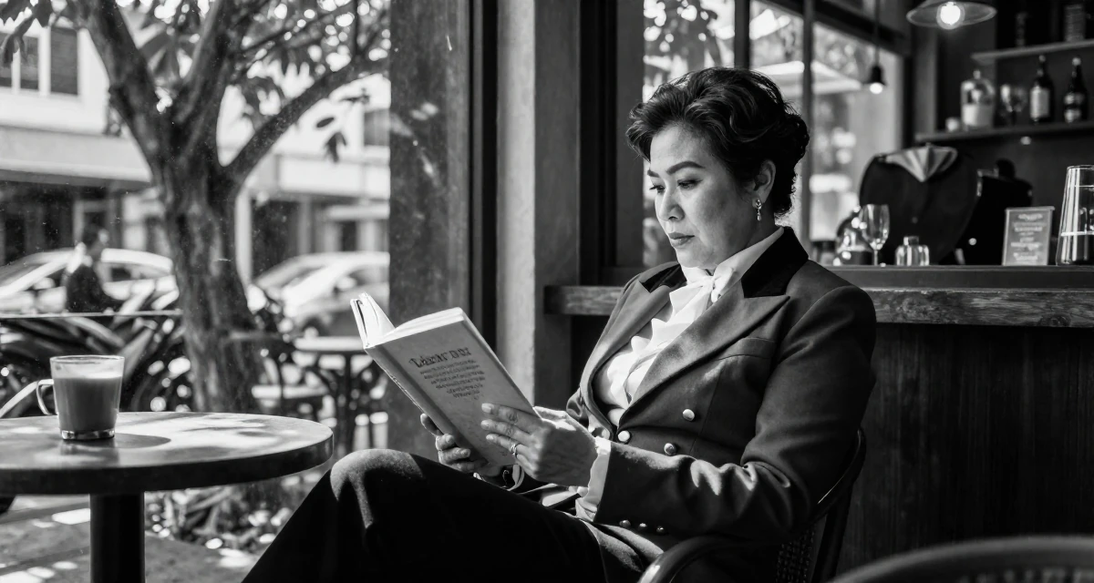 A enigmatic Female From Thailand, majored in tourism in their 33, navigating the complexity of senior leadership, wearing a circus ringmaster outfit with a tailcoat, reading a book intently in a trendy coffee shop.