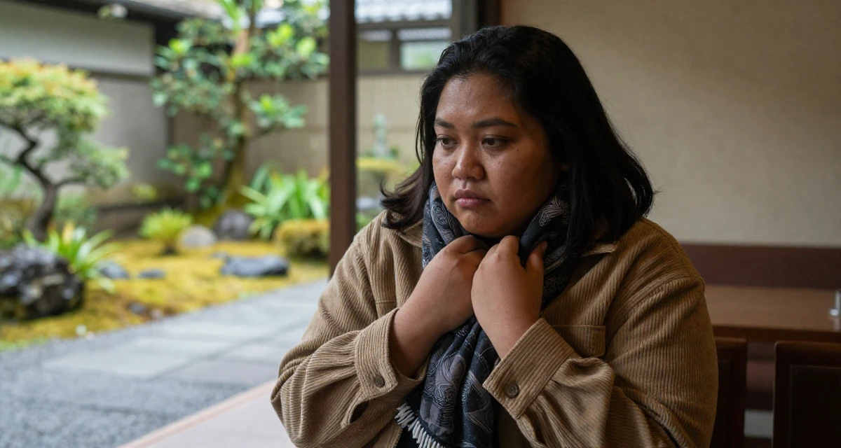 A wistful Female From Jakarta Indonesia, developed body-positive messaging through community work in their 24, balancing sensuality with authenticity, wearing a soft texture corduroy jacket, wrapping a scarf around the neck in a waiting room.