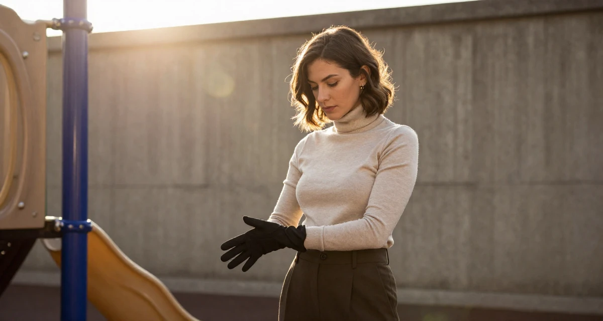 A proud and dignified Female Former fashion retail worker, now curating premium outfit inspiration in their 23, managing early burnout from overcommitment, wearing a sophisticated turtleneck and trousers, removing a glove in a school playground.