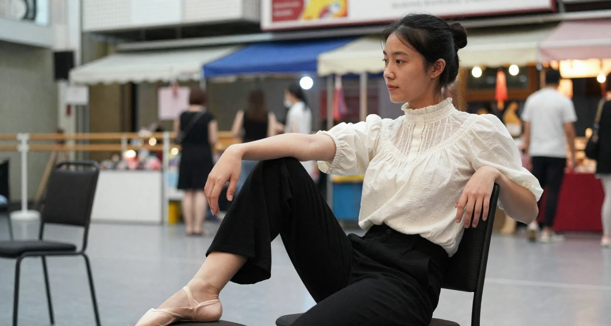 A innocent Female From Singapore, studied business analytics in their 26, exploring digital nomad life, wearing a high-neck victorian style blouse and black slacks, tapping a foot rhythmically in a ballet studio.