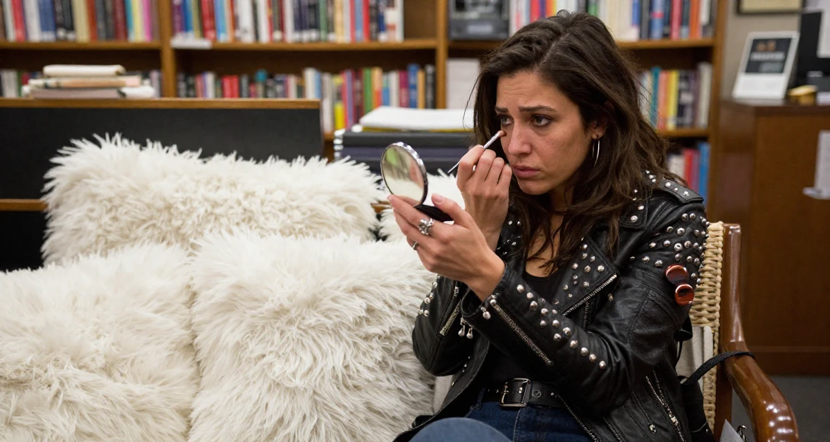 A vulnerable Female Once a high-school English tutor, now exploring sensual storytelling in their 31, sharing tips on modern urban gardening, wearing a heavy metal rocker outfit with studs and leather, checking makeup in a compact mirror in a vintage bookstore.