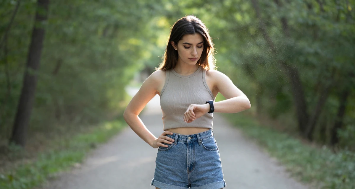 A confident and poised Female From Armenia, studied sociology in their 29, dealing with social pressure to “settle down”, wearing a fitted ribbed tank top and high-waisted denim shorts, checking a wristwatch in a forest path.