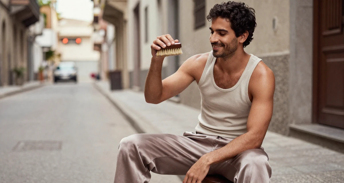 A blissful male From Argentina, studied digital illustration at a local art institute in their 25, balancing sexiness with professionalism, wearing a loose silk trousers and a fitted tank top, brushing off dust in a quiet alleyway.