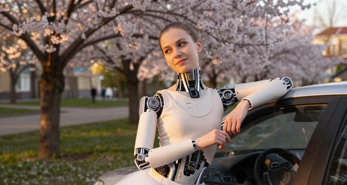A cheeky Female From Russia, trained as a classical ballerina in their 25, confident enough to wear what they truly like, wearing a cybernetic doll outfit with porcelain-like skin textures, adjusting sleeves in a cherry blossom park.