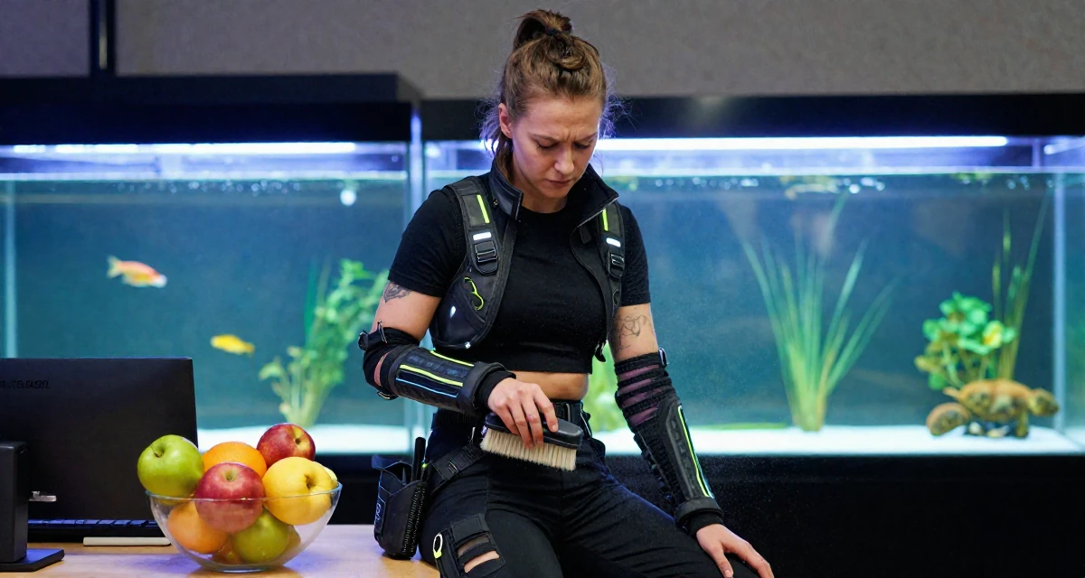 A stressed Female From Finland, based in Espoo, graduated from a design institute majoring in atmospheric lighting arts in their 31, starting fitness journey, wearing a cyberpunk street samurai gear with neon accents, brushing off dust in a aquarium tunnel.