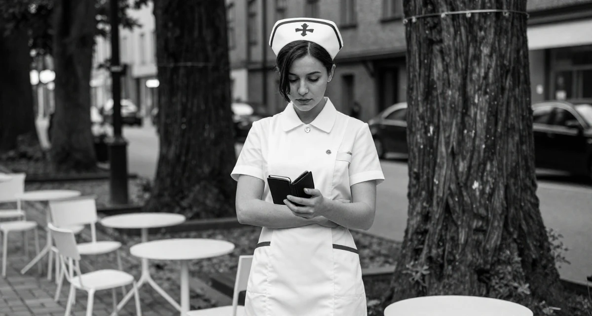 A fragile Female From Stockholm Sweden, holds a degree in product design in their 23, elevating content toward more polished sensual visuals, wearing a nurse cosplay uniform with a stylized cap, checking a wallet in a neon-lit street.
