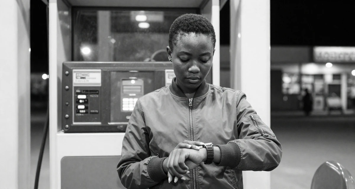 A serious Female From Lagos Nigeria, majored in digital marketing in their 23, analyzing which posts convert best, wearing a classic bomber jacket style, checking a wristwatch in a gas station at night.