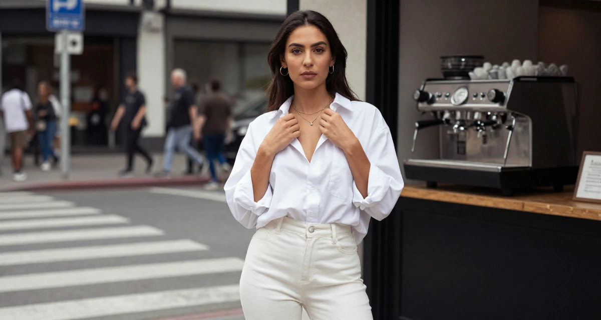 A solemn but kind Female From Chile, majored in international business at a private university in their 24, exploring unconventional career paths, wearing a oversized white shirt with sleeves rolled up and slim trousers, fiddling with a necklace in a busy intersection.