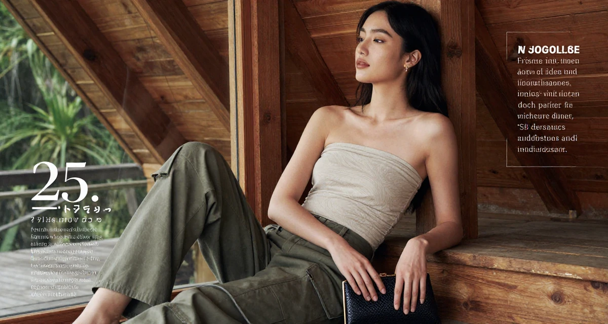 A serene and peaceful Female Former graphic design student, now using visuals for intimate storytelling in their 25, developing early financial habits, wearing a strapless tube top and cargo pants, clutching a clutch bag in a rustic wooden cabin interior.