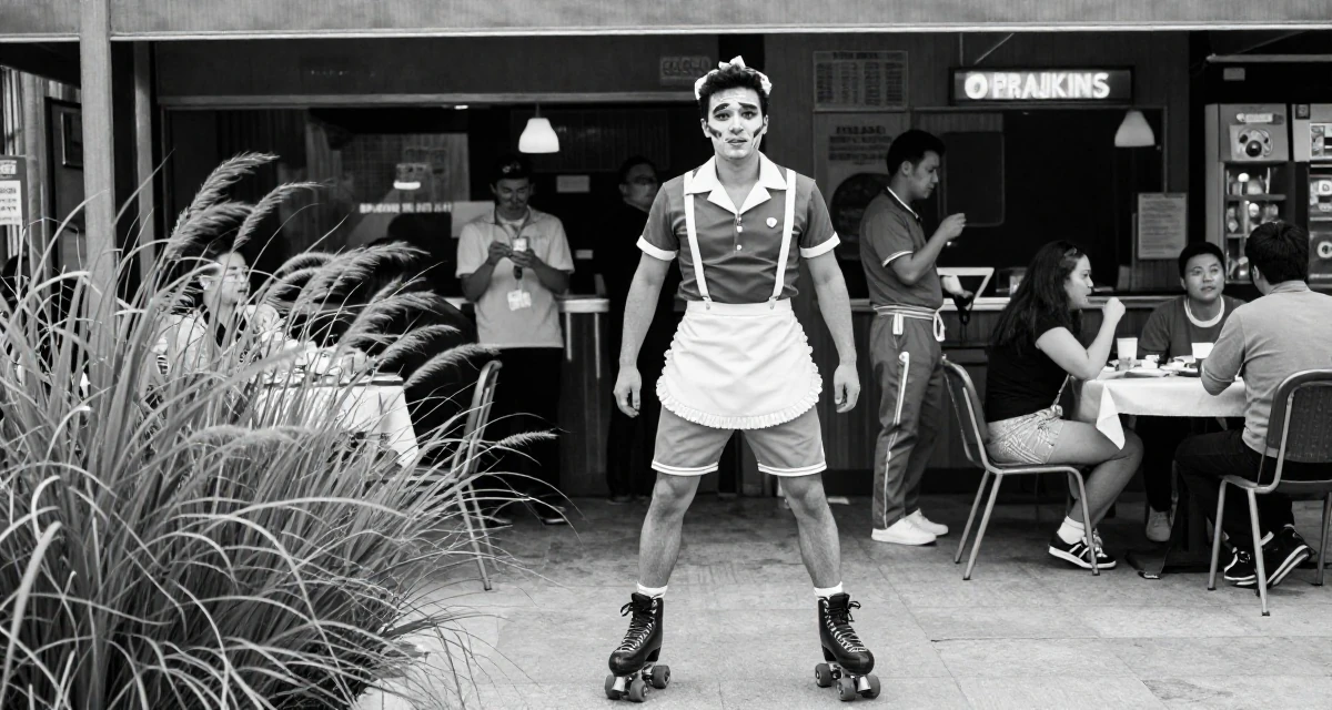 A charismatic male From Macau, learned performance makeup from casino backstage crews in their 40, sharing the joy of adoption and family, wearing a retro 50s diner waitress uniform with roller skates, shivering slightly in a dining room.