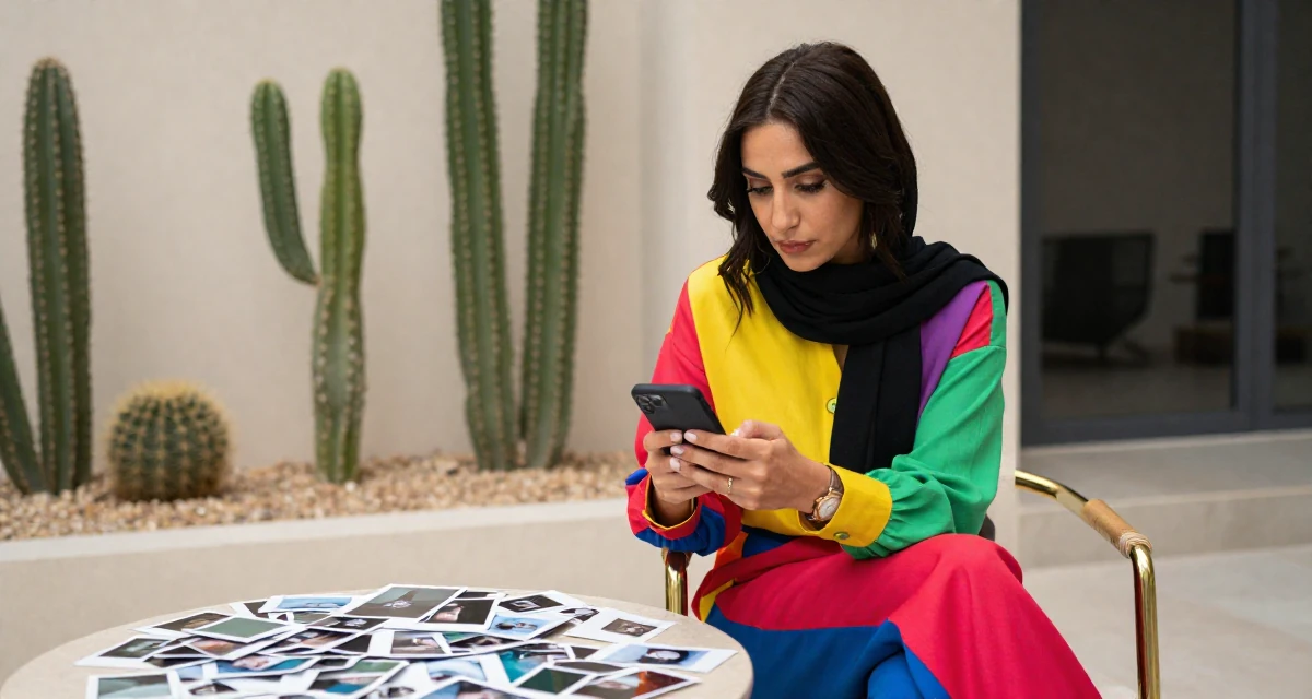 A resilient Female From Qatar, majored in media production and editing in their 42, interior designer with a classic aesthetic, wearing a bold color-block outfit, checking a phone in a modern apartment.