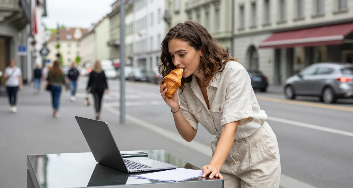 A sweet Female From Switzerland, based in Zurich, graduated from a creative institute majoring in high-end glam production in their 22, adjusting to the 9-to-5 routine after college, wearing a chic summer linen outfit, eating a croissant in a bustling city street.