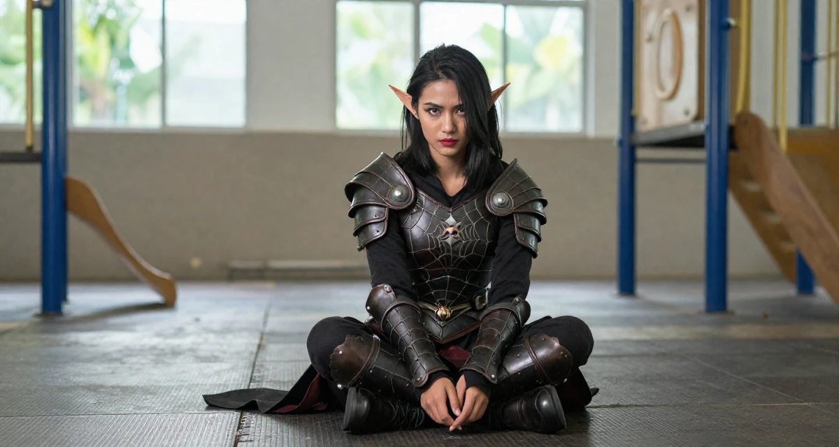 A assured Female From Johor Malaysia, learned portrait photography through freelance work in their 23, balancing sensual creativity with school deadlines, wearing a dark elf leather armor with spiderweb motifs, picking something up in a school playground.