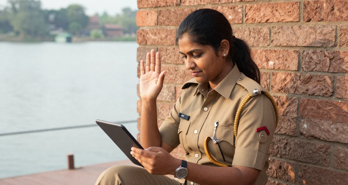 A carefree Female From Bangalore India, holds a degree in software engineering in their 29, trying to plan a future with unpredictable income, wearing a police officer uniform with a badge and handcuffs, scrolling casually in a serene lakeside dock.