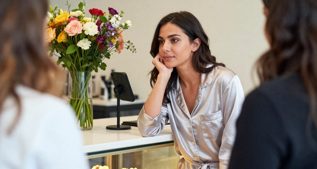 A humble Female Former accountant in her 30s, now creating fitness-driven fan content in their 25, learning boundaries the hard way from pushy fans, wearing a satin pajamas set with the top unbuttoned, pausing mid-step in a bakery counter.