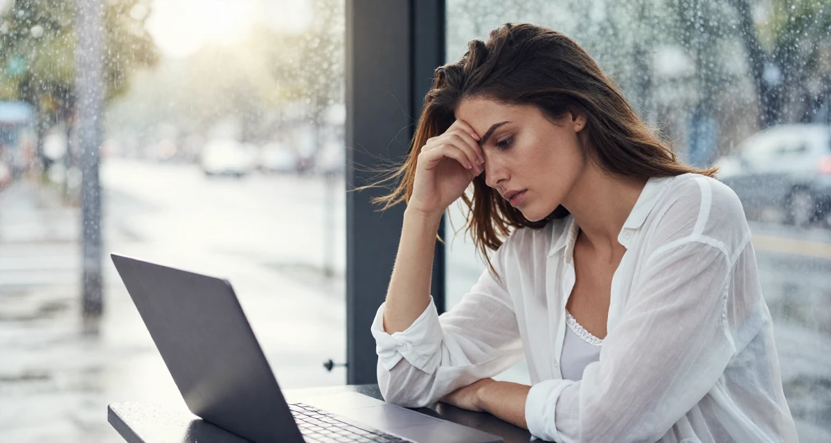 A enigmatic Female Former Uber driver, now building slow-burn lifestyle storytelling in their 24, learning to work through emotional lows, wearing a sheer white blouse with a delicate camisole underneath, shielding face from the wind in a bus stop in the rain.