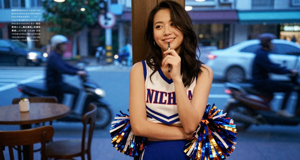 A optimistic Female From Taiwan, based in Taichung, graduated from an arts academy majoring in visual storytelling in their 25, letting go of the need to please everyone, wearing a cheerleader uniform with a cropped top and pom-poms, chewing on a pen thoughtlessly in a cozy café.