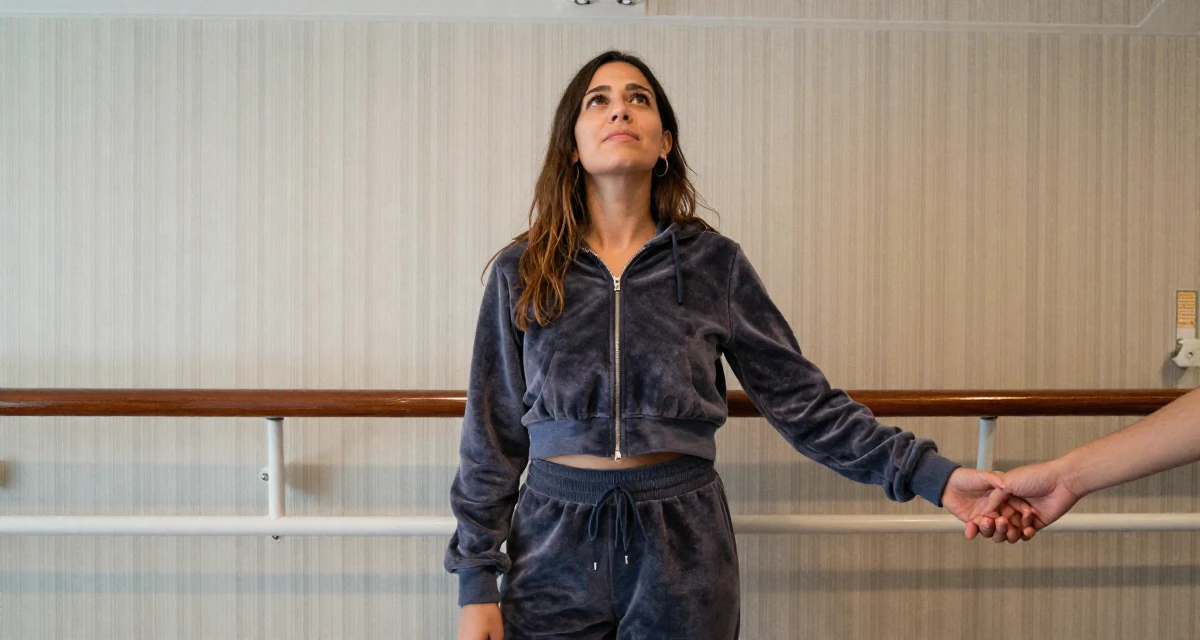 A carefree Female From Spain, studied audiovisual communication in their 41, tech executive pivot to digital content creation, wearing a velour tracksuit with a cropped zip-up hoodie, holding hands with someone unseen in a cruise ship deck.