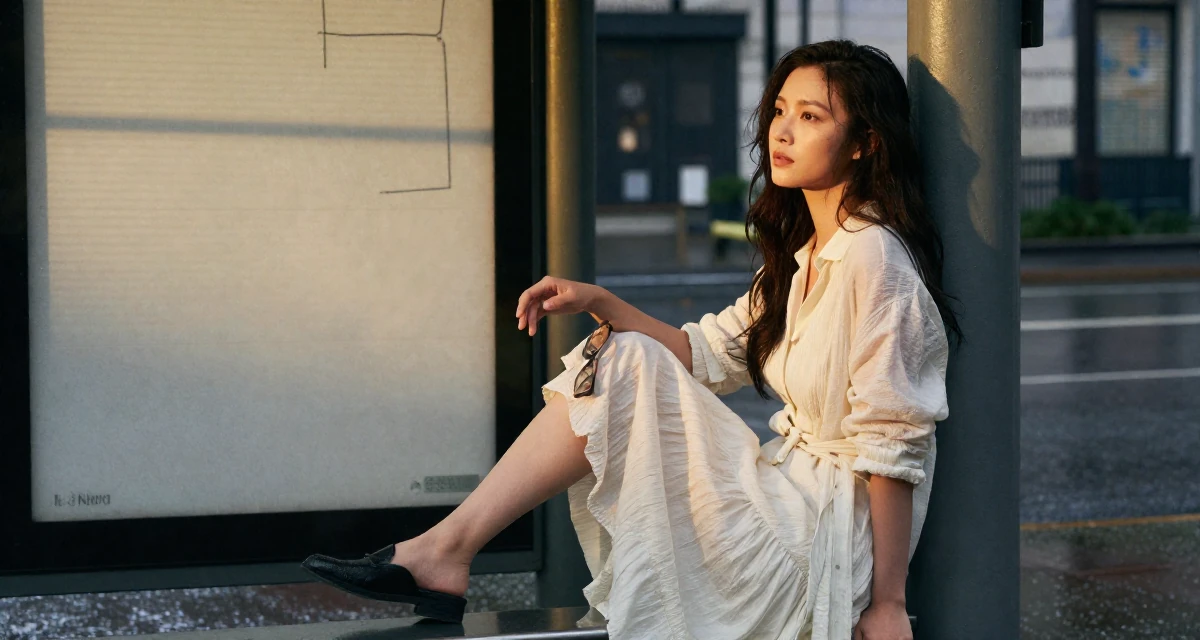 A expectant Female From New York USA, learned editorial posing through fashion internships in their 24, handling the transition from student to adult identity, wearing a light and airy spring attire, tapping a foot rhythmically in a bus stop in the rain.