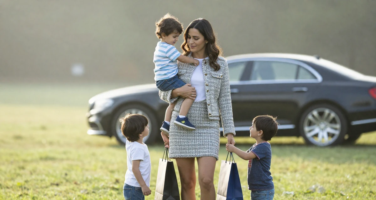 A satisfied Female From Nicaragua, majored in sports science in their 33, balancing two kids and a growing business, wearing a tweed mini skirt and a matching jacket, holding a shopping bag in a grassy field.