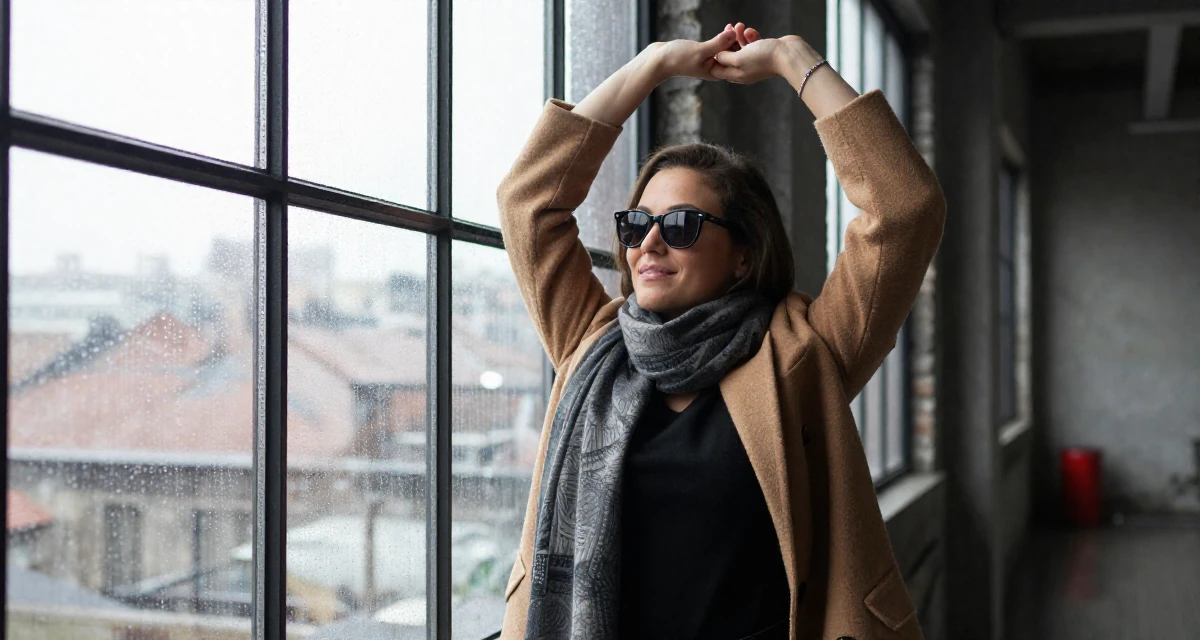 A friendly Female Once a logistics coordinator, now creating body-positivity material in their 30, knowing the hustle is hard but quitting feels worse, wearing a layered autumn coat and scarf, lowering sunglasses to look out in a industrial loft.
