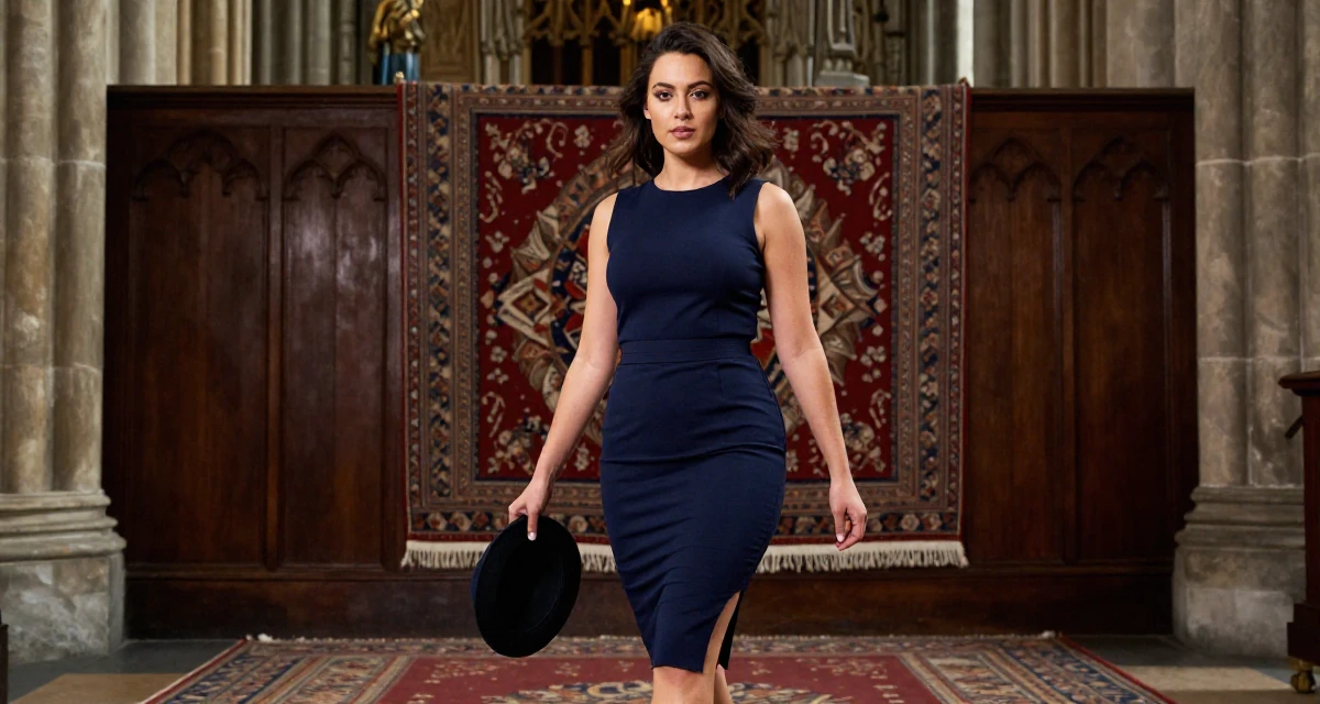 A grounded Female From UK, studied law at a prestigious university in their 23, becoming skilled at angles that highlight confidence, wearing a navy blue pencil skirt with a back slit, holding a hat in a gothic cathedral interior.
