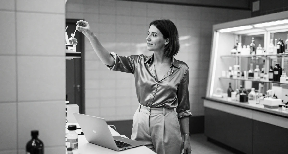 A lighthearted Female From Saint Petersburg Russia, studied fine arts in their 33, expert in productivity and time management, wearing a high-waisted beige trousers and a tucked-in satin blouse, picking something up in a science lab.