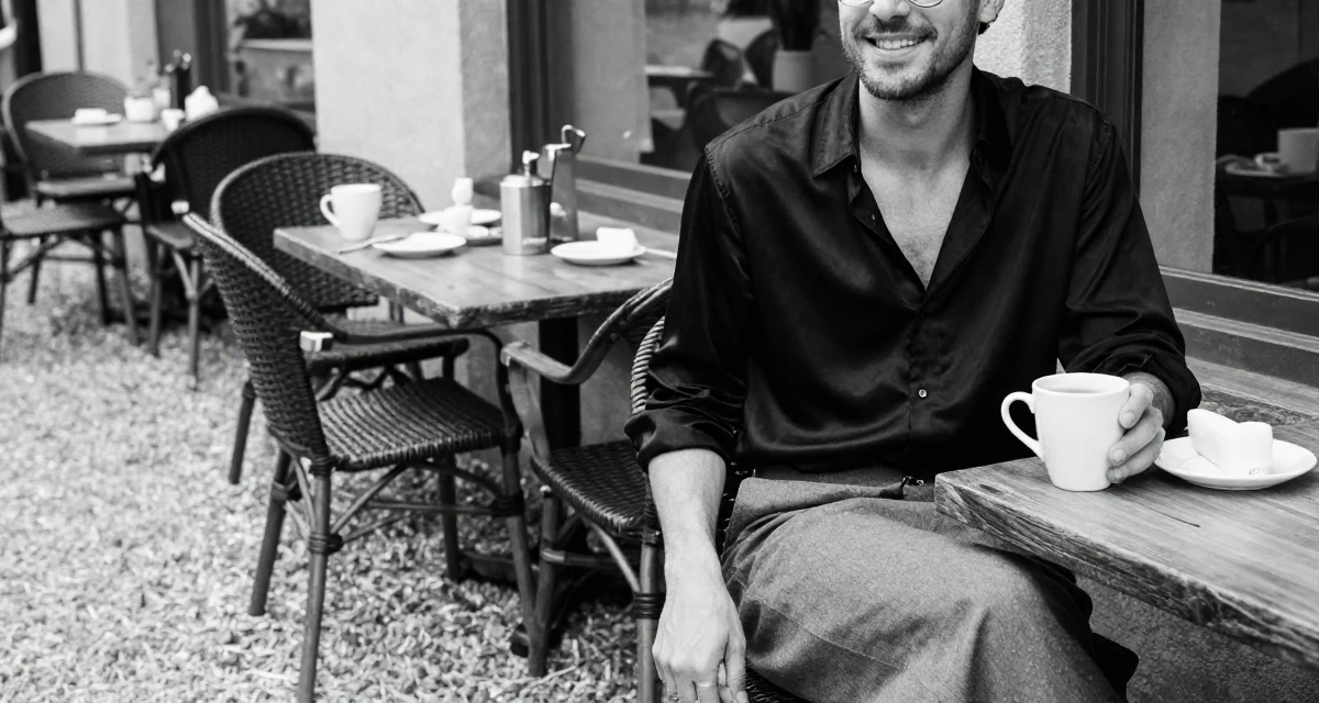 A upbeat male Once an art school dropout, now a self-taught creator with signature style in their 24, investing in quality furniture and lifestyle, wearing a black silk blouse slightly unbuttoned and a grey skirt, holding a cup of coffee in a breakfast nook.