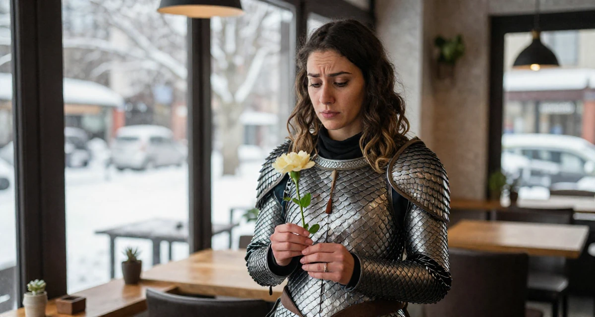 A worried Female From Argentina, studied digital marketing in their 37, rebuilding savings after unexpected expenses, wearing a dragon scale armor texture with metallic sheen, holding a flower in a cozy café.