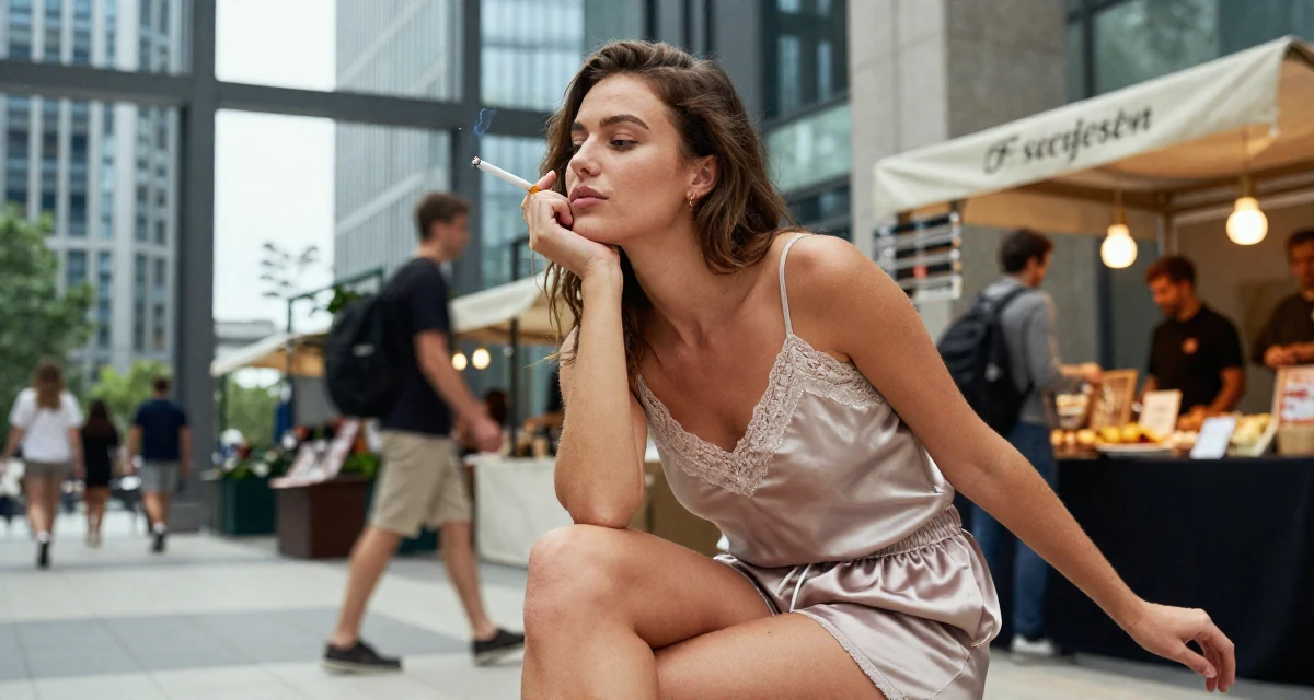 A relaxed and carefree Female From Denmark, based in Odense, graduated from a creative program majoring in soft-seductive branding in their 23, discovering the allure of slow, controlled movement, wearing a lace-trimmed camisole and silk lounge shorts, holding a cigarette (lit or unlit) in a modern skyscraper lobby.
