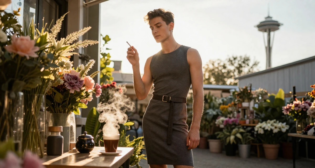 A poised male Born in Russia, graduated from a local college majoring in marketing in their 25, crafting a cute–seductive persona while studying full-time, wearing a fitted sleeveless shift dress with a belt, holding a cigarette (lit or unlit) in a flower shop.