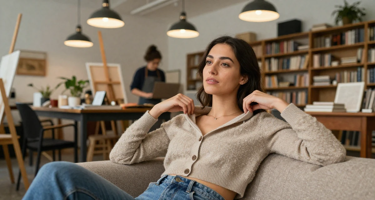 A charming Female Once a bookstore clerk, now offering cozy aesthetic subscription content in their 27, dealing with pressure to constantly upgrade quality, wearing a cropped cardigan with only one button fastened, fixing a collar in a messy artist studio.