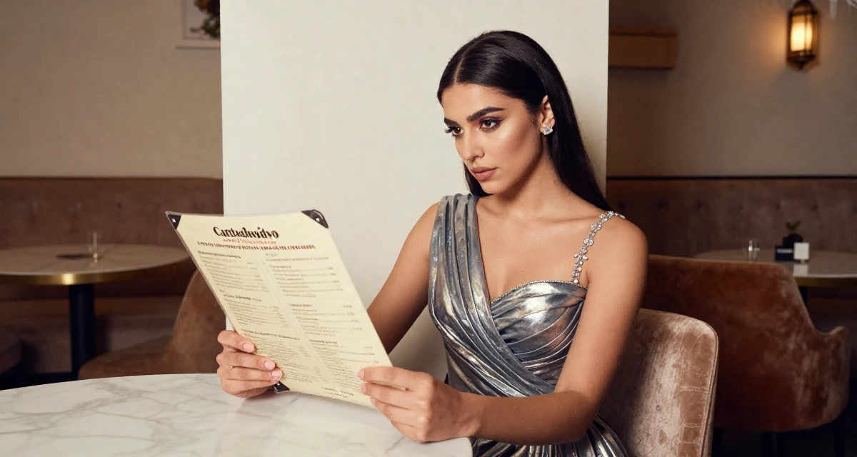 A commanding Female From Qatar, majored in media production and editing in their 28, saving aggressively for first home, wearing a galactic princess gown with metallic fabrics, looking at a menu in a cozy café.