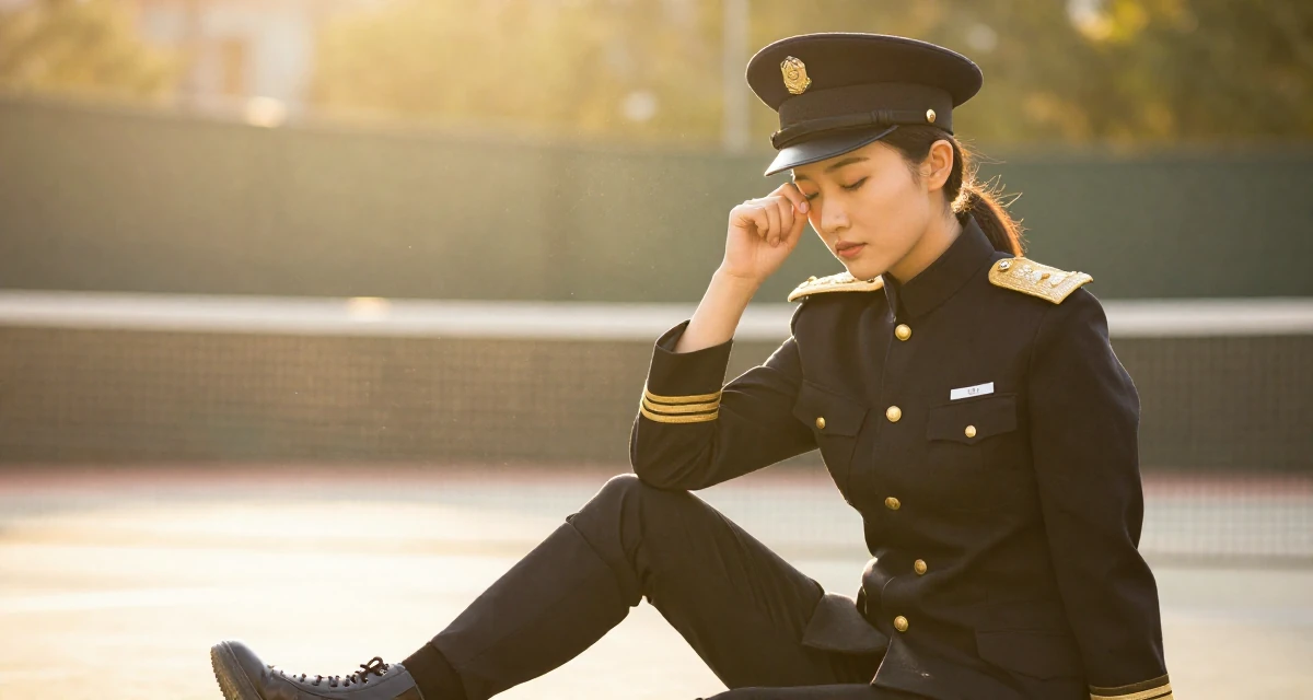 A mellow Female From China, holds a degree in human resource management in their 24, exploring unconventional career paths, wearing a imperial officer uniform with a peaked cap, rubbing eyes in a tennis court.