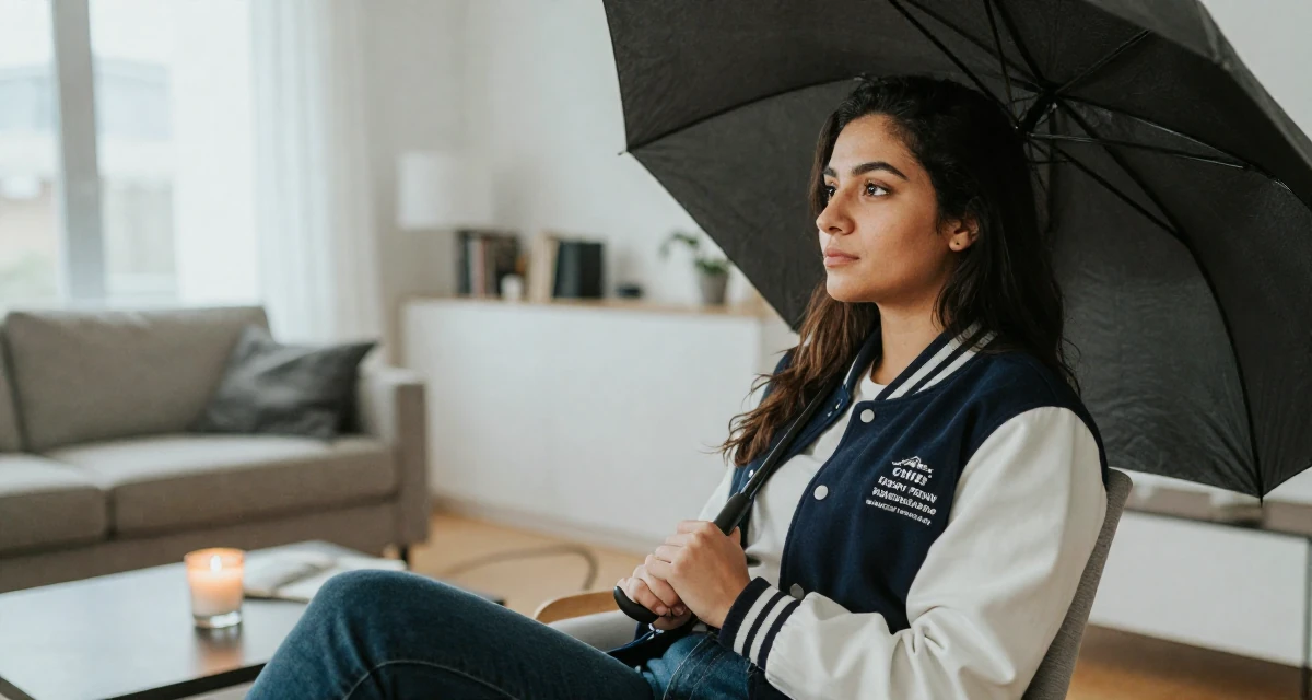 A commanding Female From Chile, based in Valparaíso, graduated from a local institute majoring in multimedia journalism in their 25, becoming more selective with fan interactions, wearing a casual varsity jacket look, holding an umbrella in a modern apartment.