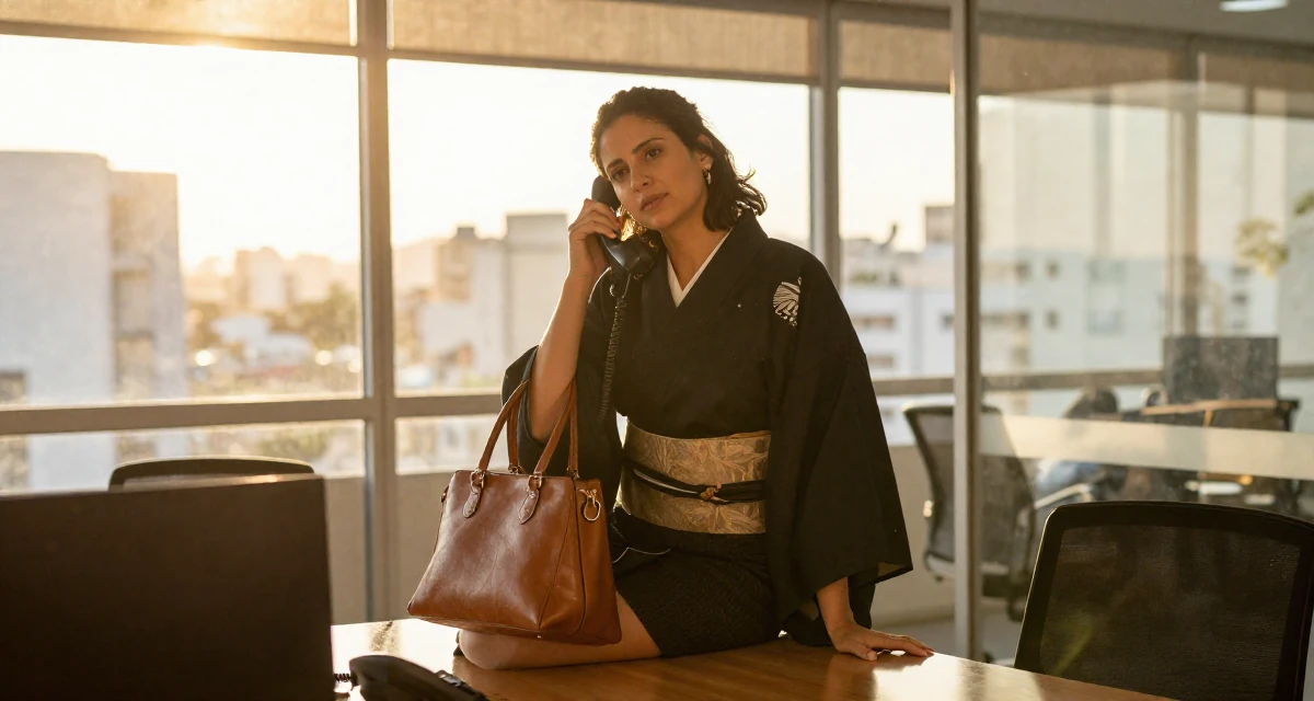 A unbothered Female From Brazil, studied architecture and urban planning in their 24, forming long-term goals for the first time, wearing a shrine maiden outfit with a short hakama skirt, carrying a leather handbag in a glass-walled conference room.