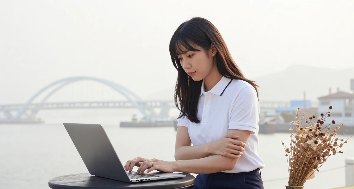 A quiet Female From South Korea, based in Busan, graduated from a design institute majoring in visual communication in their 25, exploring creativity online, wearing a smart polo shirt and slacks, typing a message in a foggy harbor.