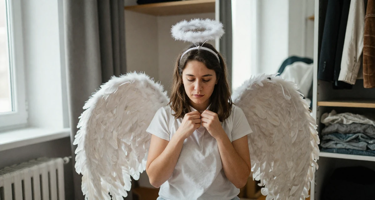 A innocent Female From Finland, based in Tampere, graduated from a tech university majoring in human-centered design in their 28, understanding that burnout is part of the cycle, wearing a angel costume with large feathered wings and a halo, fixing a collar in a walk-in wardrobe.