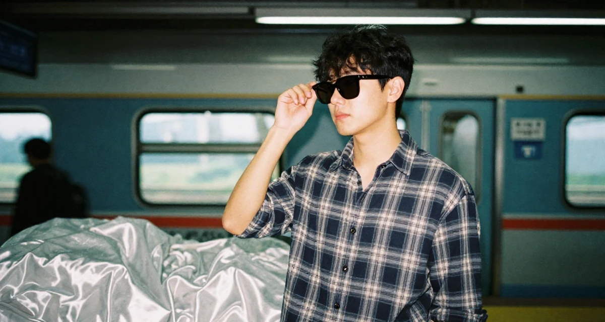 A confident and poised male From South Korea, based in Jeju, graduated from a fashion school majoring in body language aesthetics in their 25, adjusting to newfound independence, wearing a casual plaid button-down, lowering sunglasses to look out in a train platform.