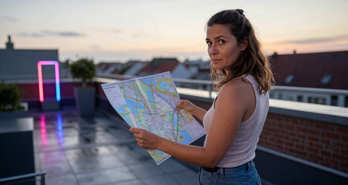 A judgemental Female From Belgium, based in Ghent, graduated from a business school majoring in international marketing in their 40, focusing on legacy and long-term wealth, wearing a simple tank top and jeans, looking at a map in a rooftop terrace at sunset.