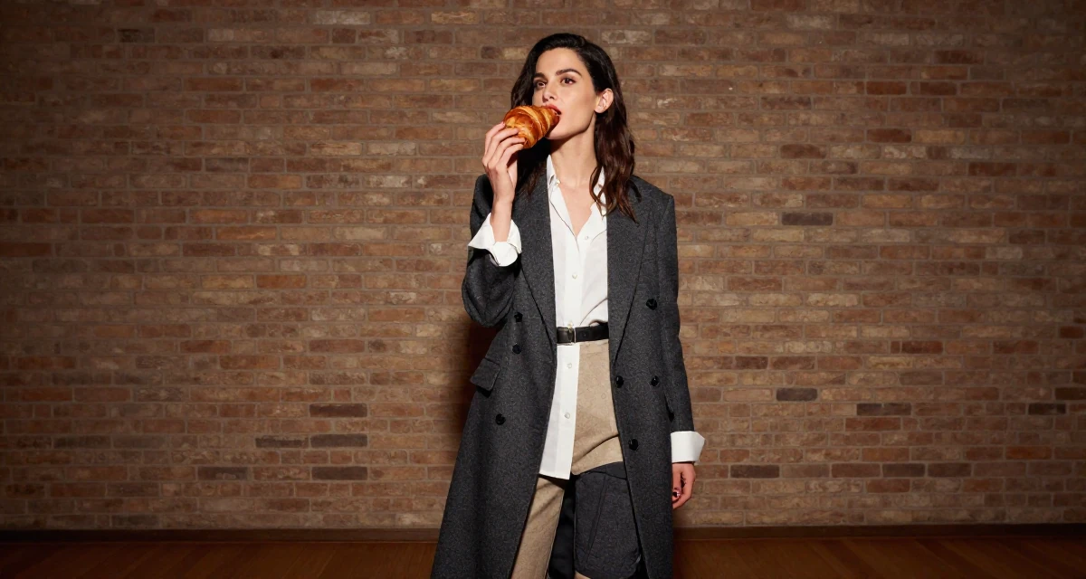 A fearless Female From Milan Italy, trained in fashion-editorial posing in their 28, cultivating a sophisticated taste in art, wearing a modern casual lifestyle wear, eating a croissant in a concert hall.