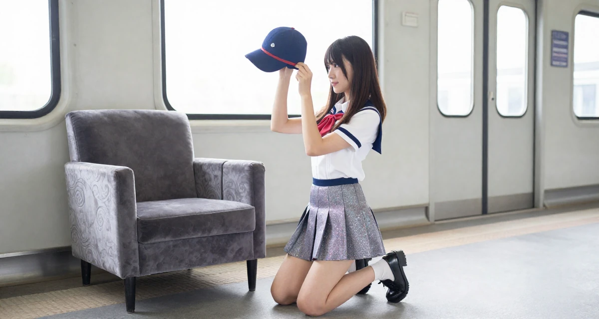 A sophisticated Female From France, has a degree in art history and curating in their 25, balancing school assignments with content ideas, wearing a magical girl anime costume with a sparkly short skirt, holding a hat in a train platform.