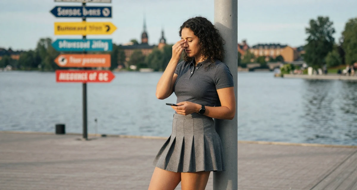 A deeply thinking Female From Stockholm Sweden, holds a degree in product design in their 34, exploring the world of digital art and NFTs, wearing a short pleated skirt and a tight polo shirt, rubbing eyes in a lakeside dock.