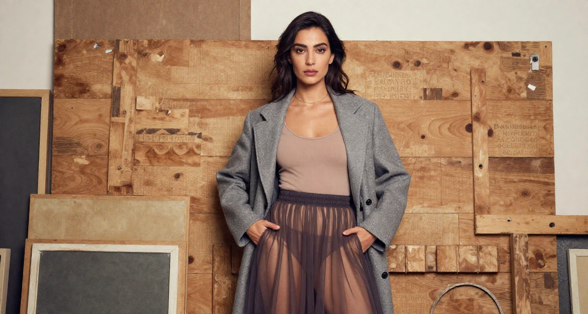A focused Female From Arabic-speaking world, studied international logistics in their 30, planning adult responsibilities with unstable cash flow, wearing a sheer maxi skirt with a bodysuit underneath, unbuttoning a coat in a artist workshop.