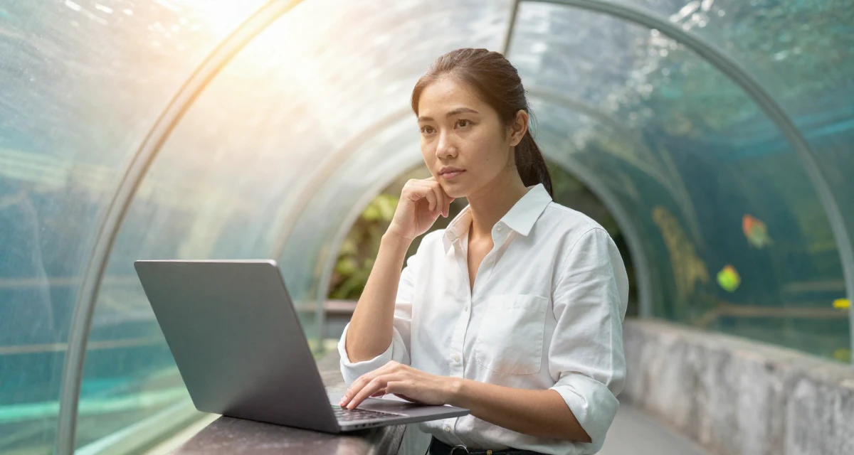 A aloof but intriguing Female From Chiang Mai Thailand, studied alternative wellness and body flow in their 25, struggling to stay consistent during exams, wearing a crisp button-up with rolled sleeves, holding a laptop in a aquarium tunnel.