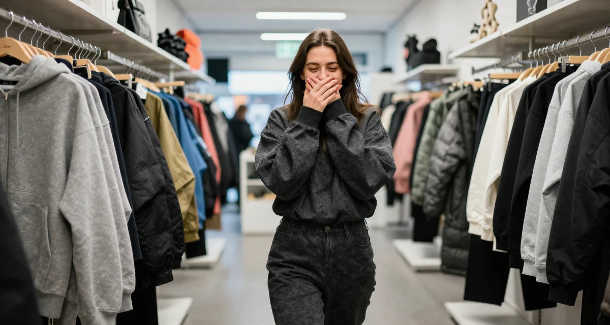 A lighthearted Female Raised in Iceland, majored in creative digital strategy in their 20, exploring identity through bold fashion choices, wearing a relaxed streetwear, covering a laugh with one hand in a clothing boutique.